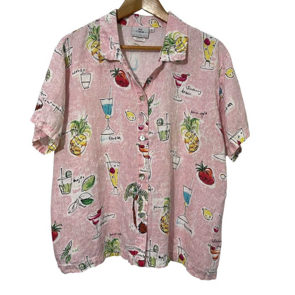 Hot Cotton Womens Linen Shirt Size L Summer Drinks Bar Tender Liquor Tiki